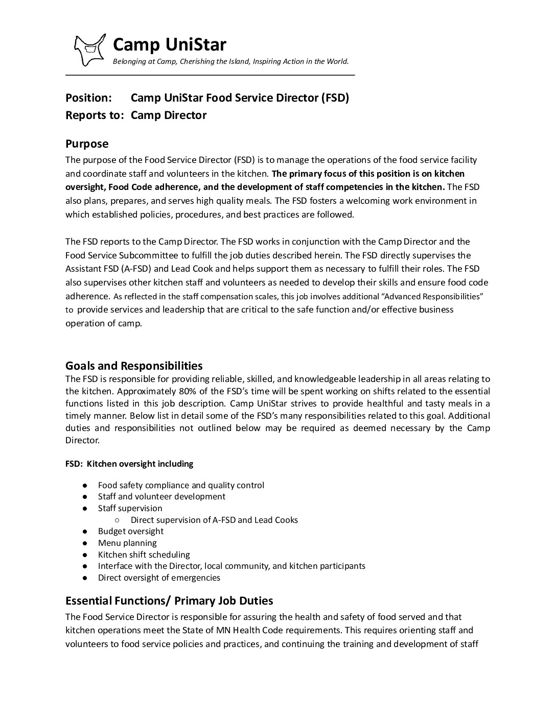 Food Service Director Job Description 2023 Camp Unistar